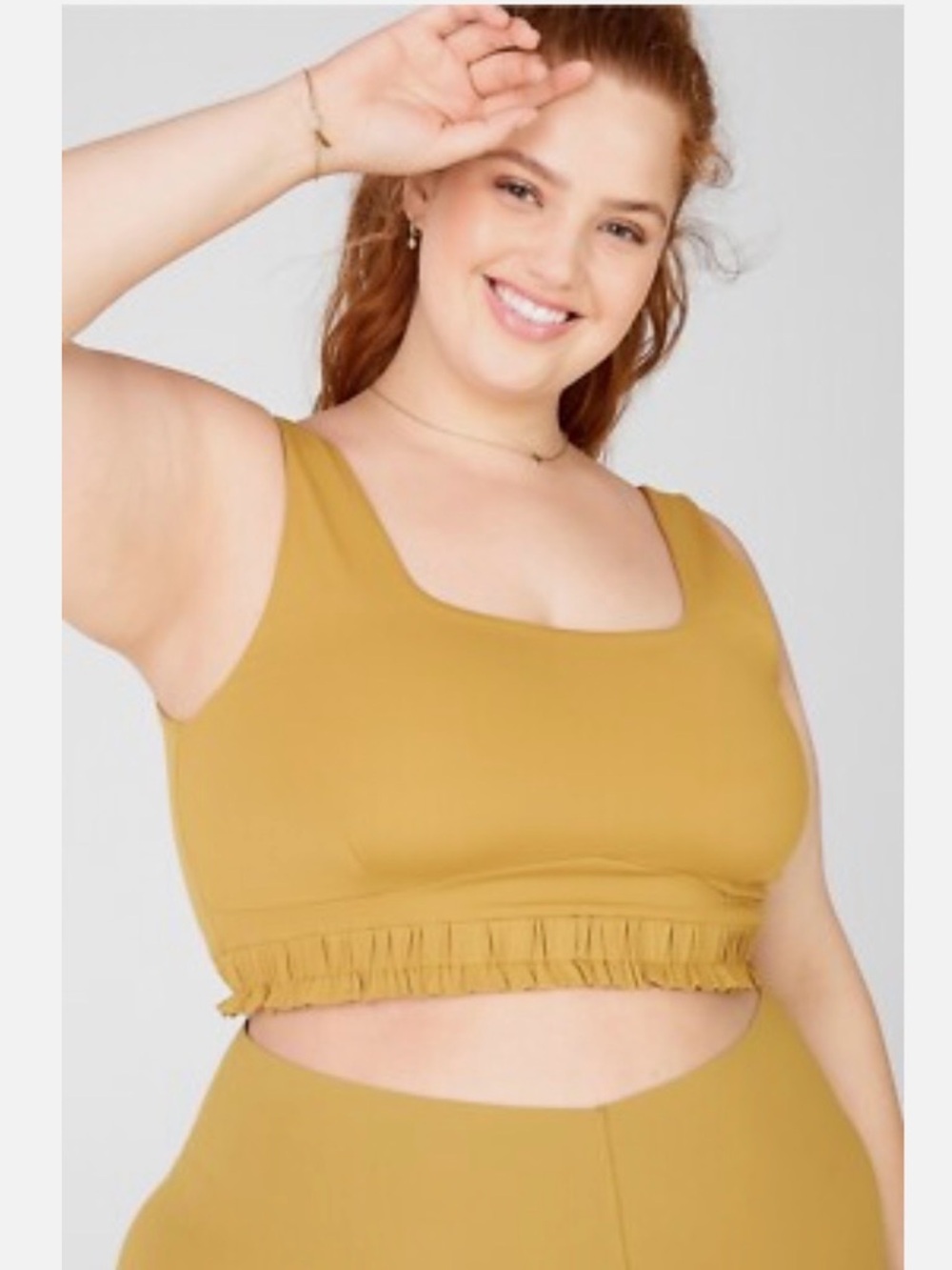 Fabletics Isabella Midi Low Impact Sports Bra Mustard Ruffle-Hem Square Neck 1x